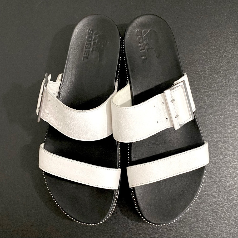 Sorel Roaming Big Buckle Slide Sandals Leather Size 10 White Black 90s Chunky - Picture 4 of 14